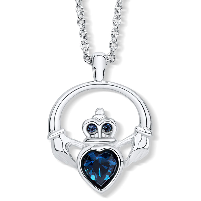 Claddagh Ring Pendant set with Aquamarine Blue Crystal
