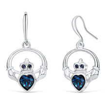 Load image into Gallery viewer, Claddagh Ring Earrings with Aquamarine Blue Crystal